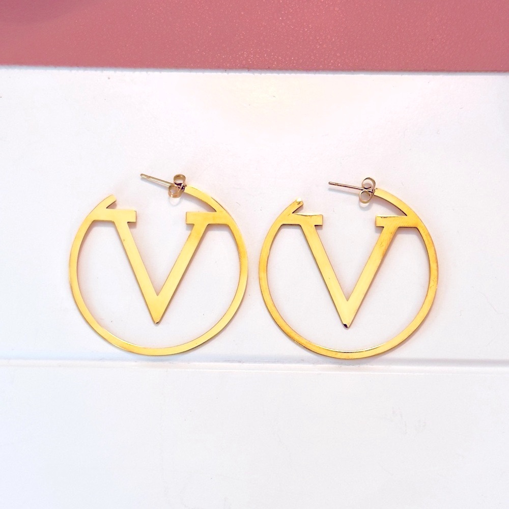 2 Options- 18k or Silver V Logo Hoop Earrings